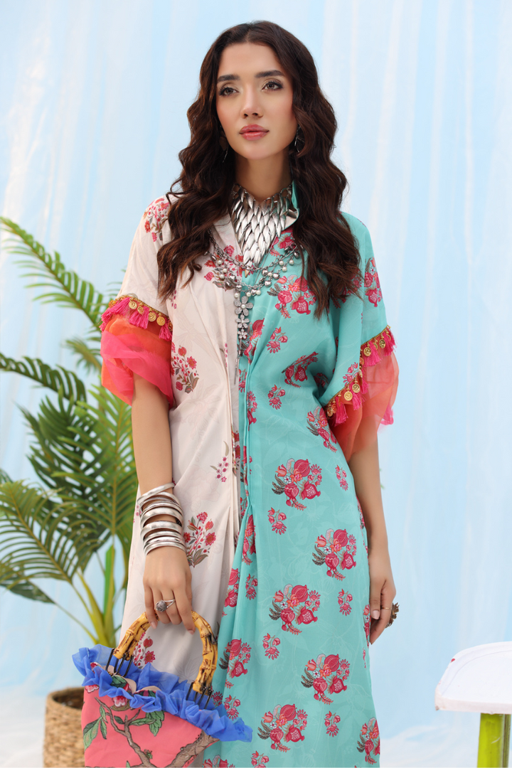 Musferah Saad - Tassel & Bloom - aqua and beige - Silk - 1 Piece