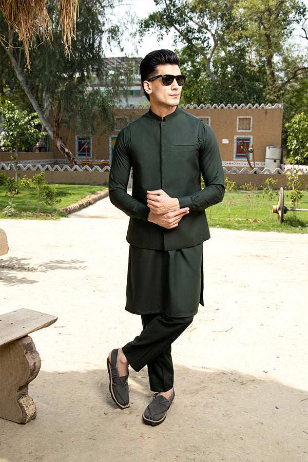 Arif Ashraf - Bottle Green Kurta Trouser with Waistcoat - 3 Piece