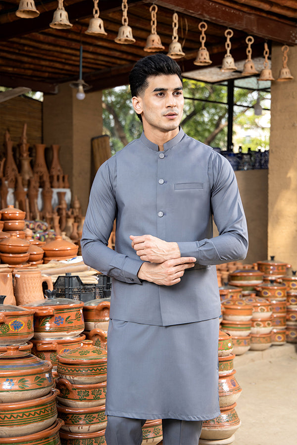 Arif Ashraf - Grey Kurta Trouser with Waistcoat - 3 Piece