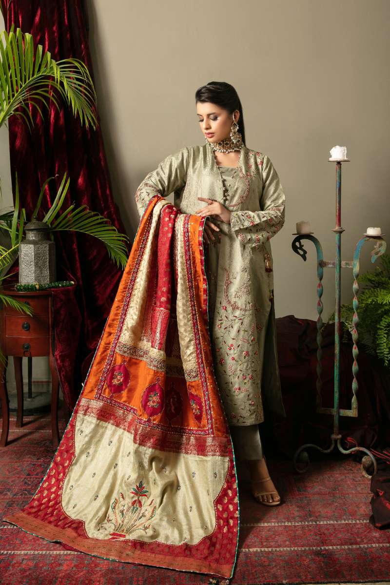 Yasmin Zaman - Iqra Jamawar Suit For Women - Mint Green - 3 Piece