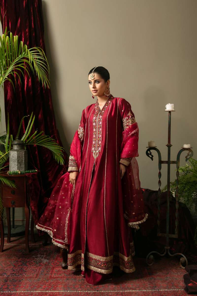Yasmin Zaman - Nadia Sheesha Silk Suit For Women - Maroon - 3 Piece