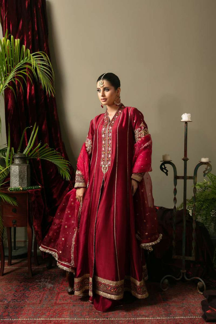 Yasmin Zaman - Nadia Sheesha Silk Suit For Women - Maroon - 3 Piece