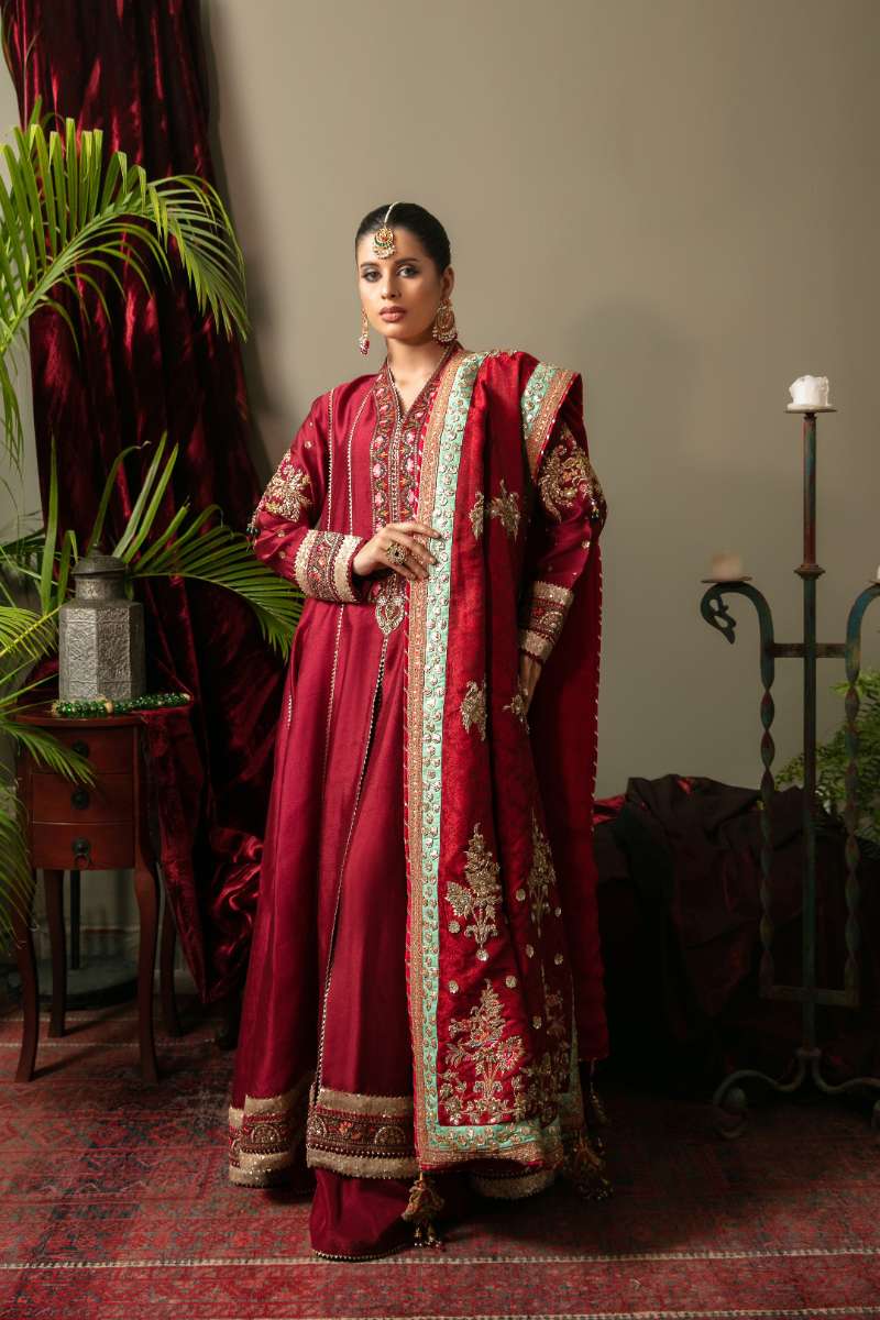 Yasmin Zaman - Nadia Sheesha Silk Suit For Women - Maroon - 3 Piece