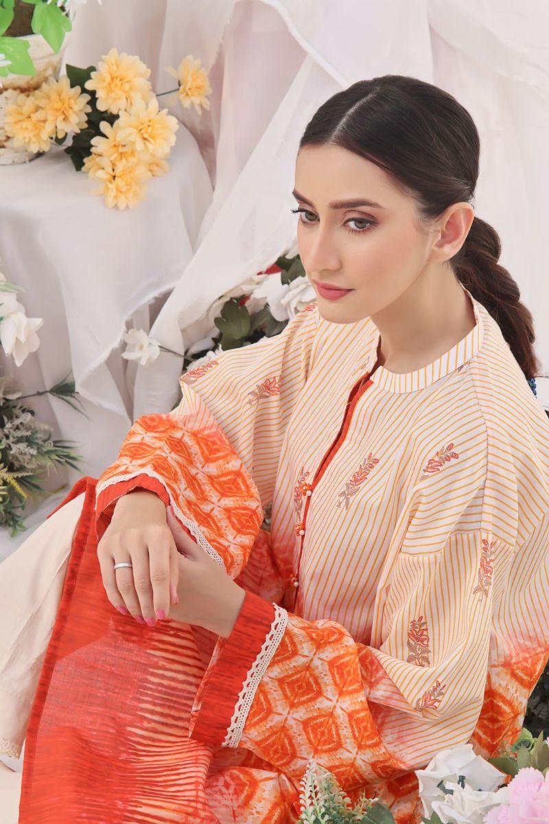 Oaks - Vermillion Orange Lawn Printed Kurti - 1 Piece - Unstitch