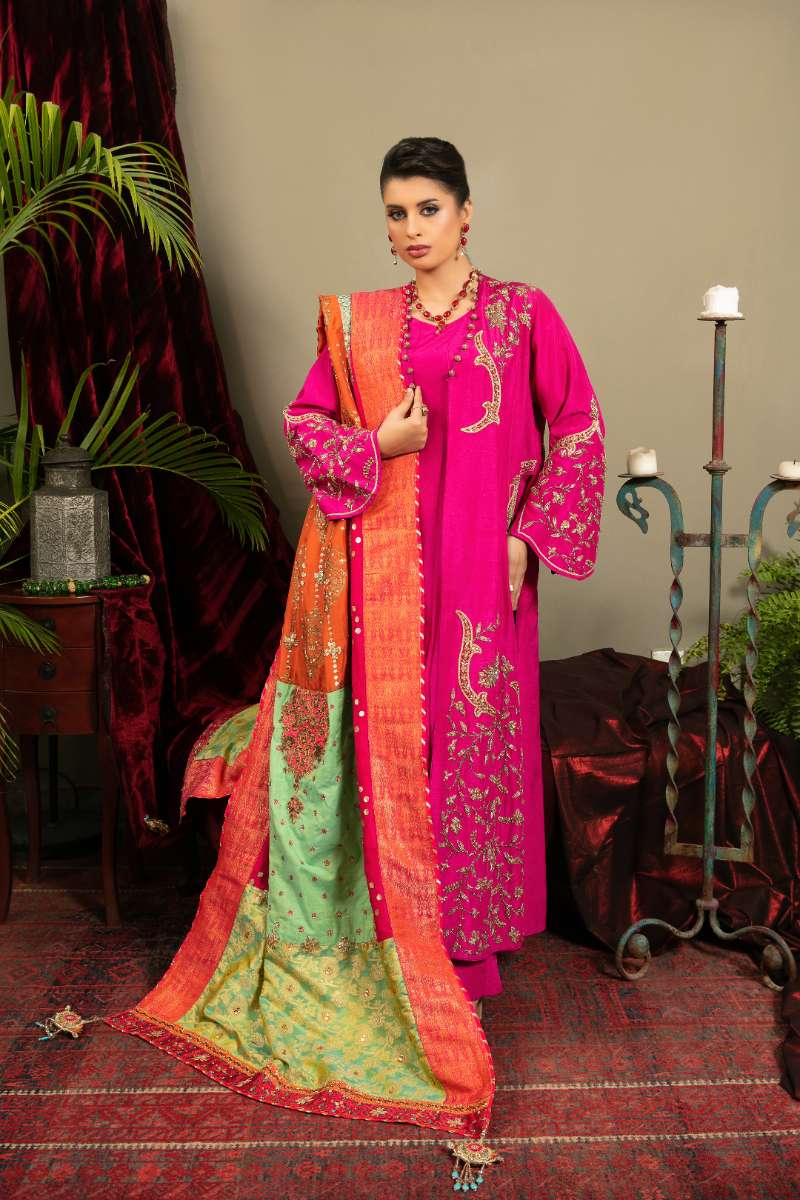 Yasmin Zaman - Hira Korean Silk Suit For Women - Magenta Pink - 3 Piece
