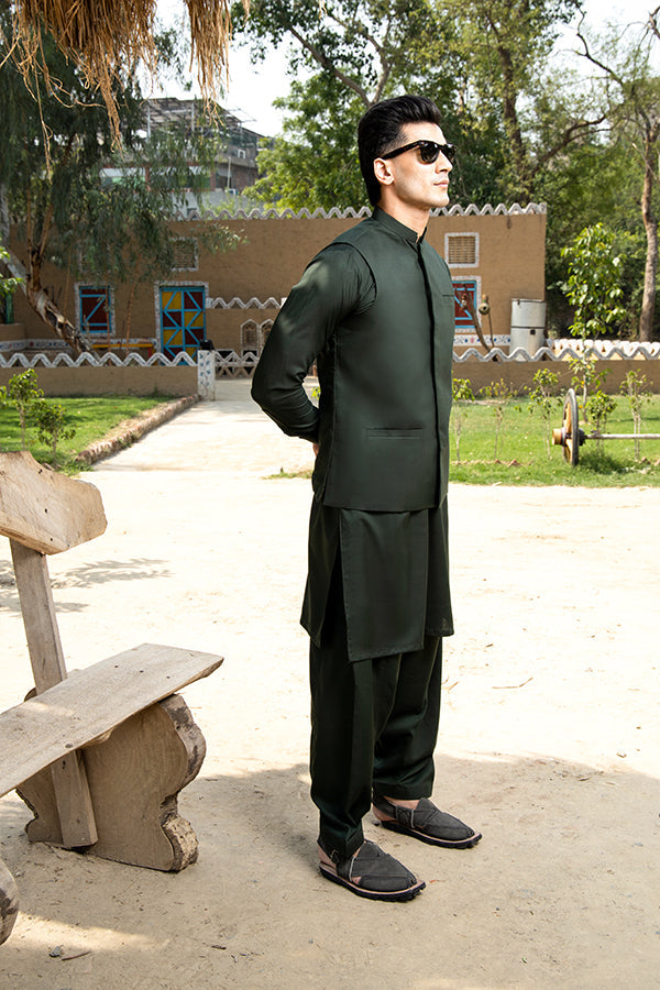 Arif Ashraf - Bottle Green Kurta Shalwar with Waistcoat