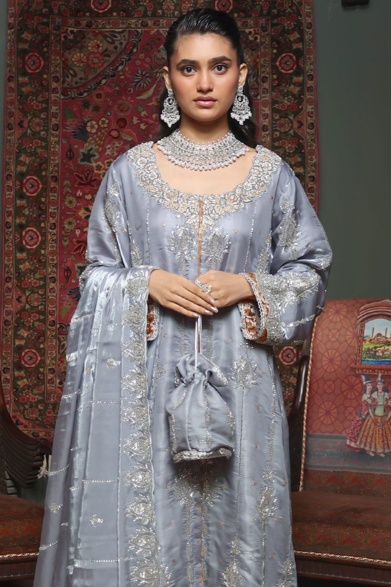 Huma Adnan - Ariyssa - Jamawar - Steel Grey - 3 Piece