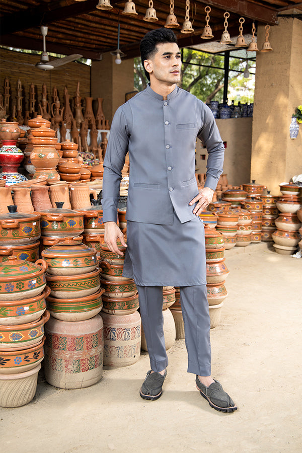 Arif Ashraf - Grey Kurta Trouser with Waistcoat - 3 Piece