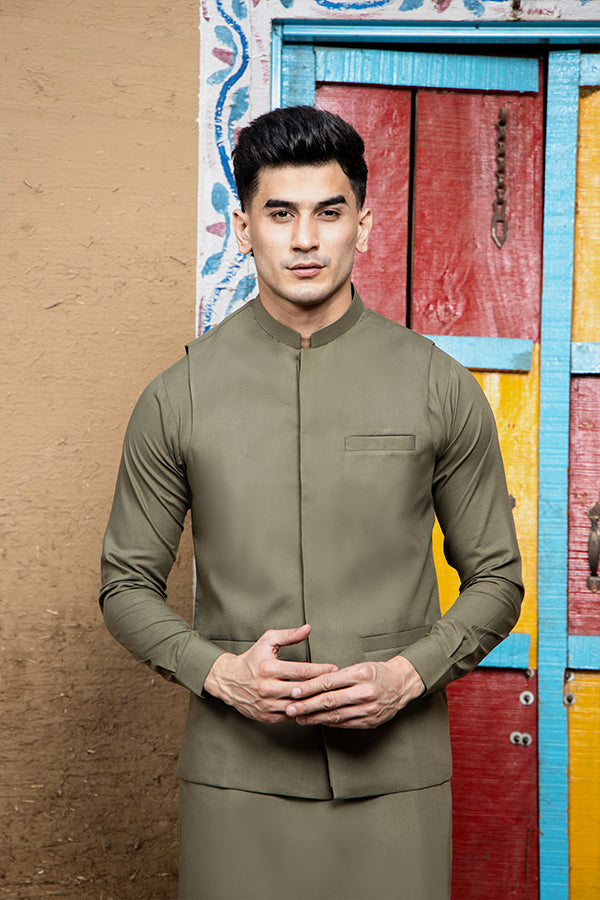 Arif Ashraf - Army Green Kurta Trouser with Waistcoat - 3 Piece