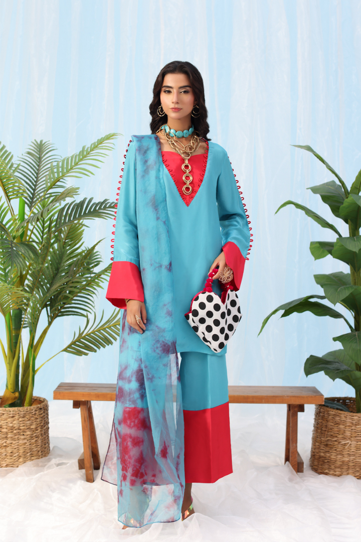 Musferah Saad - Eclectic Bloom - teal and tangerine - Silk - 2 Piece