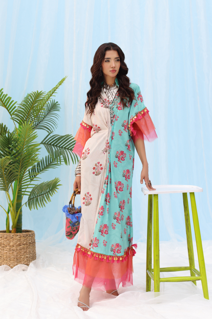 Musferah Saad - Tassel & Bloom - aqua and beige - Silk - 1 Piece