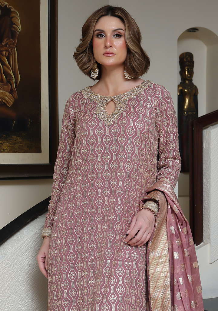 Huma Adnan - Moona - Jamawar - Tea Pink - 3 Piece