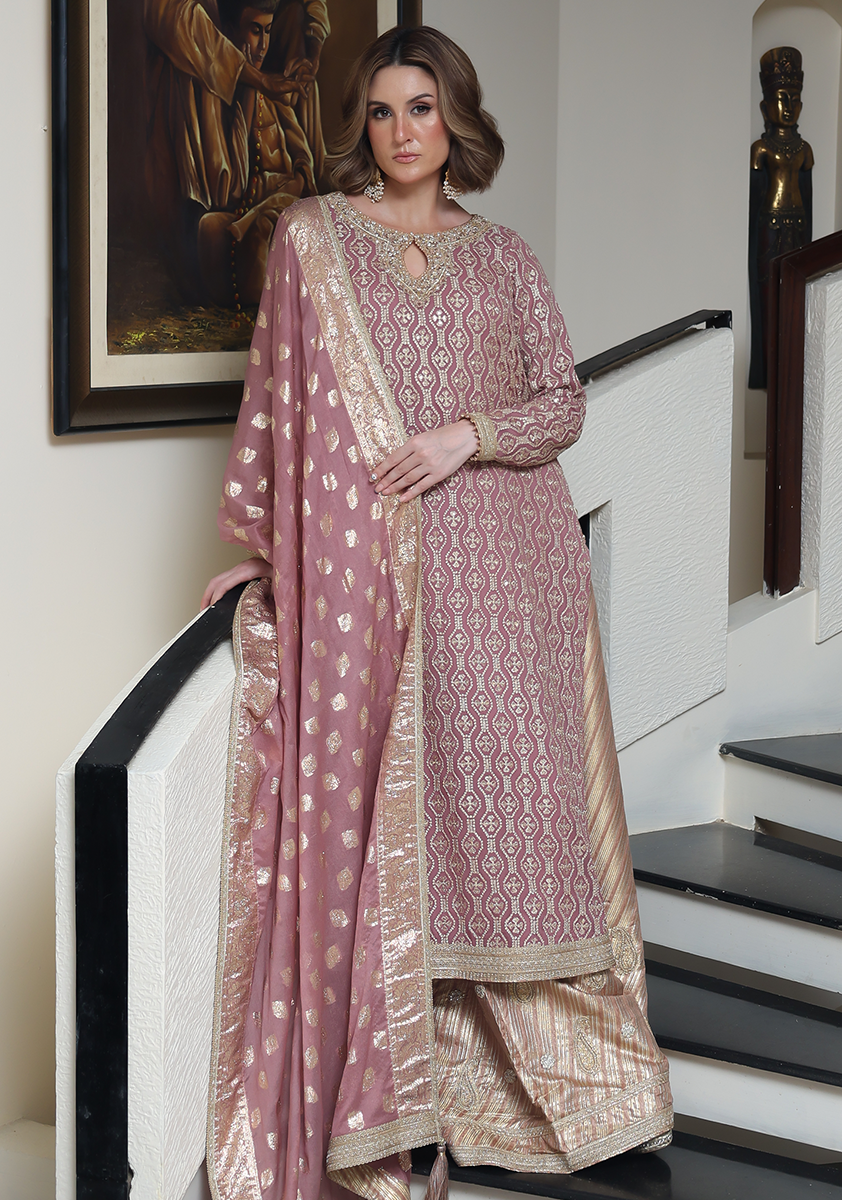 Huma Adnan - Moona - Jamawar - Tea Pink - 3 Piece
