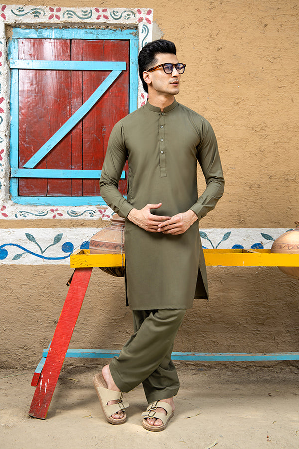 Arif Ashraf - Army Green Kurta Shalwar - 2 Piece