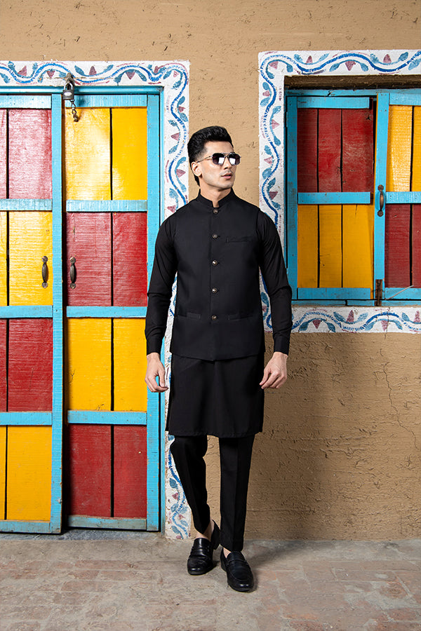 Arif Ashraf - Boski Black Kurta Trouser with Waistcoat - 3 Piece