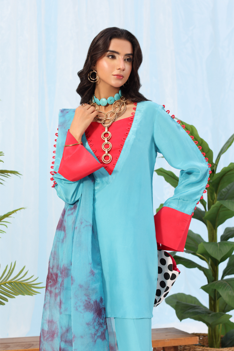 Musferah Saad - Eclectic Bloom - teal and tangerine - Silk - 2 Piece