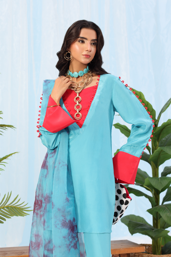 Musferah Saad - Eclectic Bloom - teal and tangerine - Silk - 2 Piece