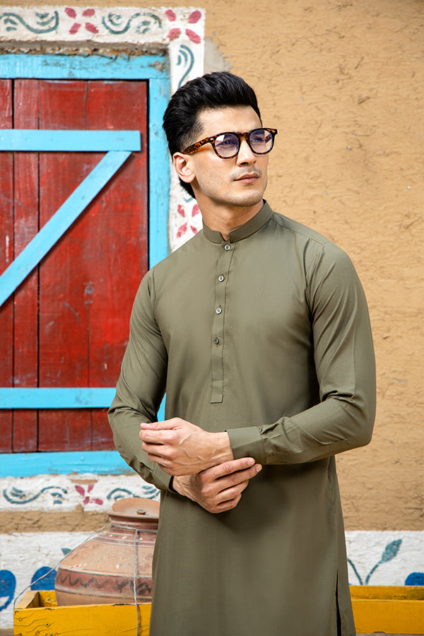 Arif Ashraf - Army Green Kurta Shalwar - 2 Piece