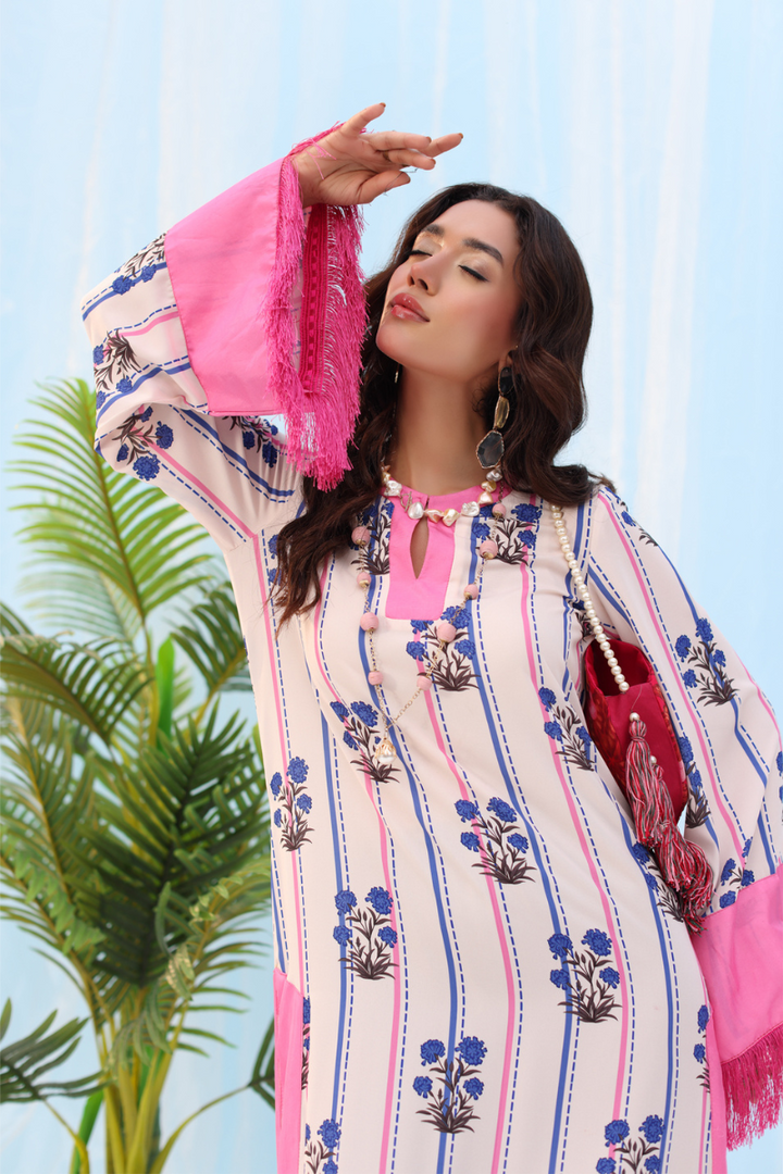 Musferah Saad - Candyline - Beige & Barbie Pink - Silk - 1 Piece