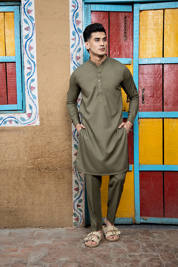 Arif Ashraf - Army Green Kurta Trouser - 2 Piece