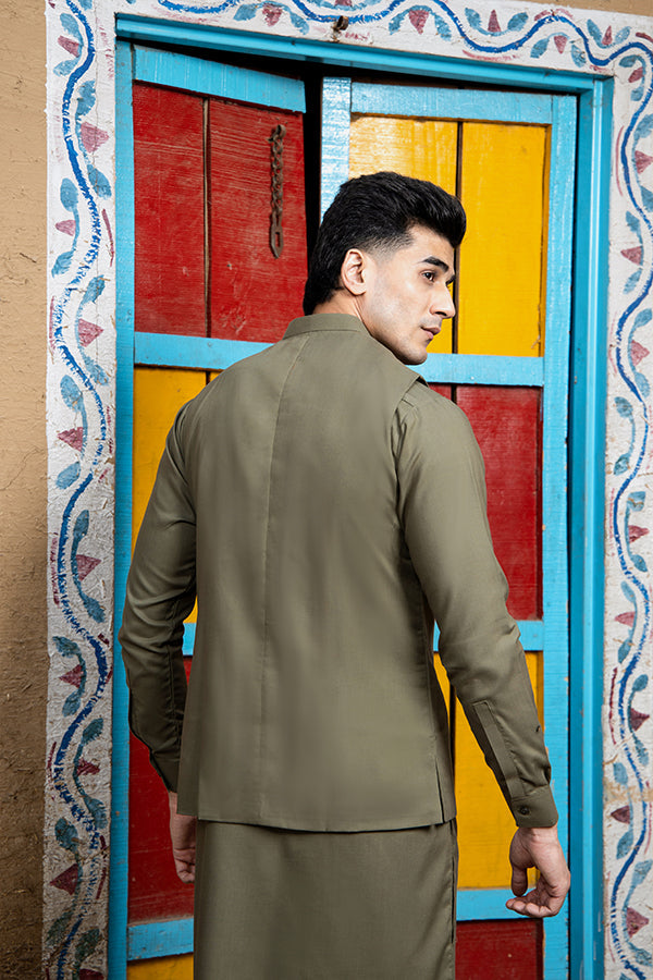 Arif Ashraf - Army Green Kurta Shalwar with Waistcoat - 3 Piece