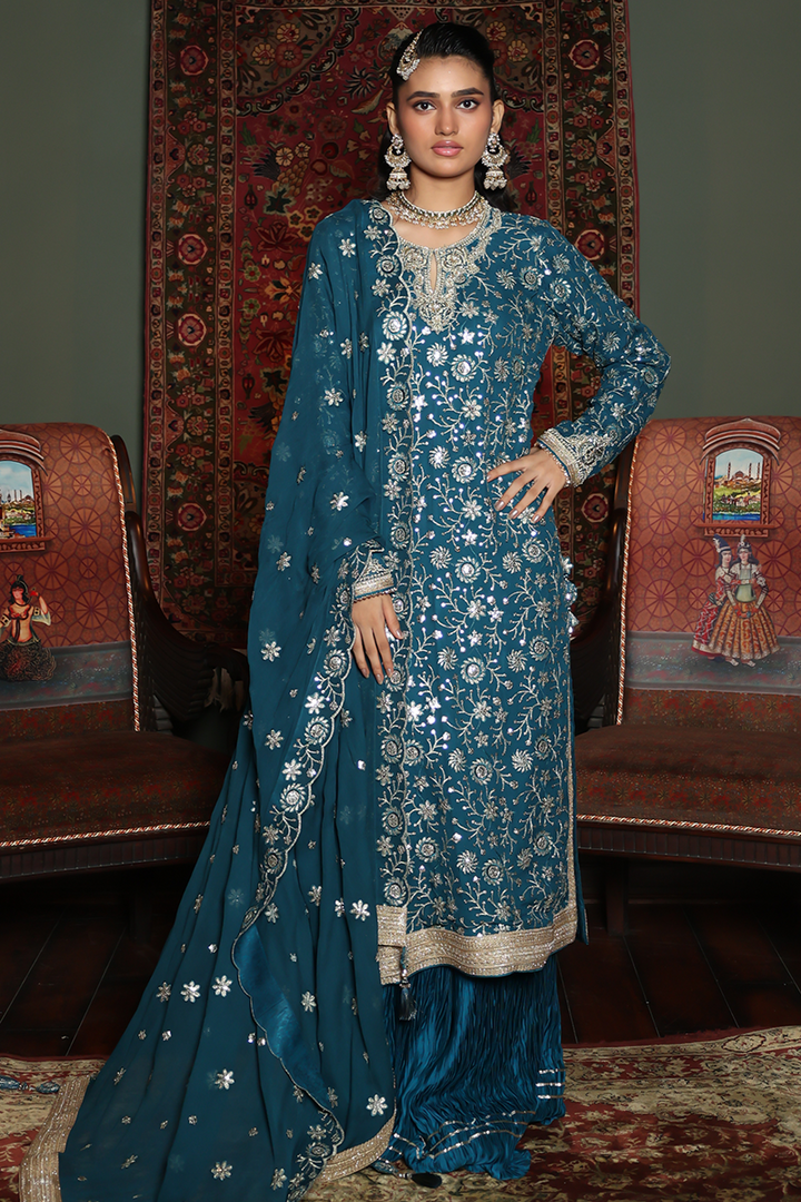 Huma Adnan - Zaveira - Silk - Teal Blue - 3 Piece