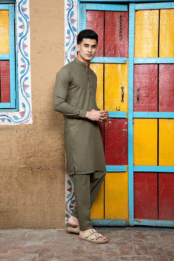 Arif Ashraf - Army Green Kurta Trouser - 2 Piece