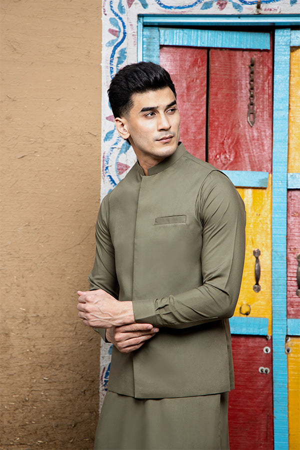 Arif Ashraf - Army Green Kurta Shalwar with Waistcoat - 3 Piece