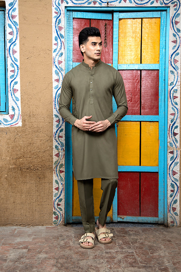 Arif Ashraf - Army Green Kurta Trouser - 2 Piece