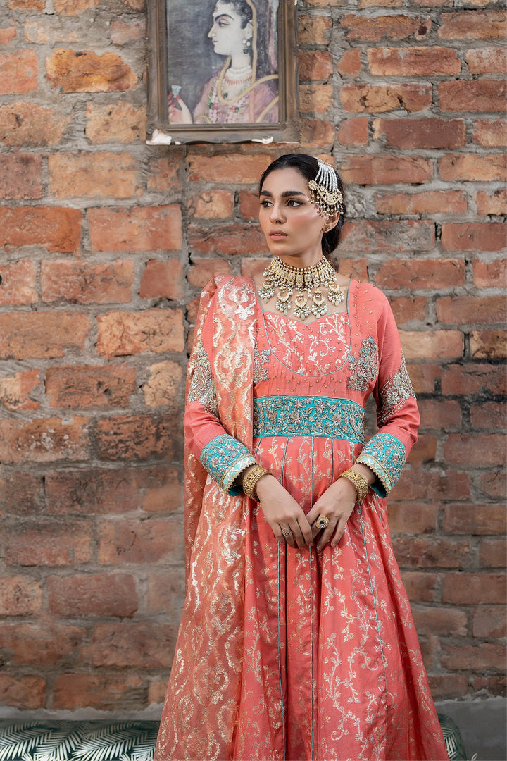 Syah - Malaika - Raw Silk/Jamawar - Peach/Turquoise - 3 Piece