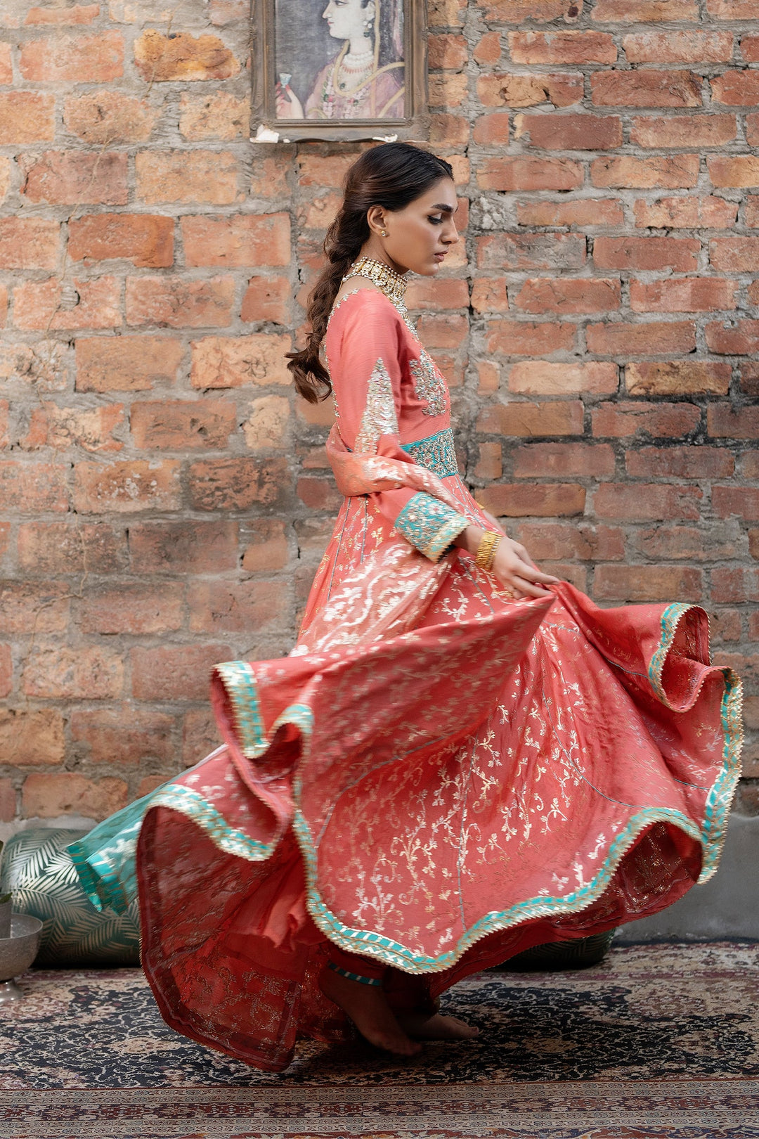 Syah - Malaika - Raw Silk/Jamawar - Peach/Turquoise - 3 Piece