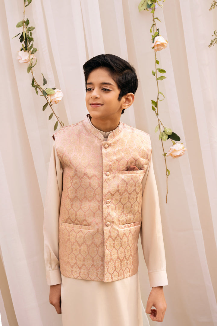 Hummingbirds - Rose Gold Jamawar Silk Waistcoat For Boy