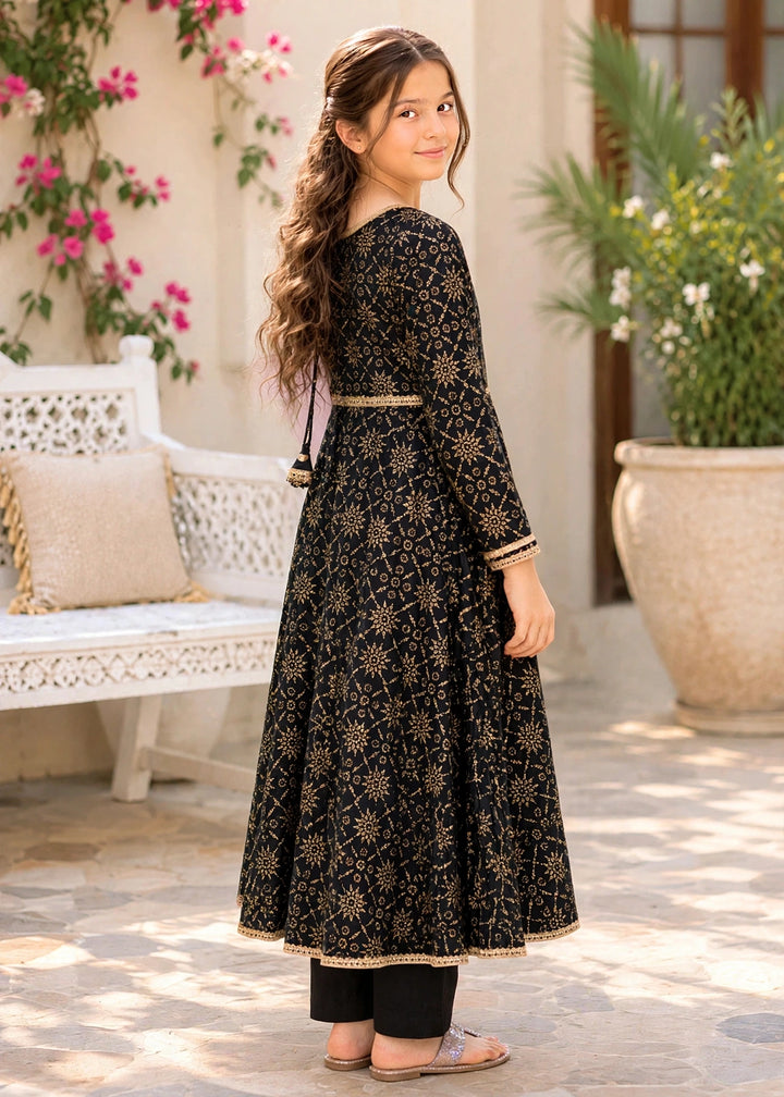 Modest - Cotton Printed Frock For Girl - Black - 3 Piece