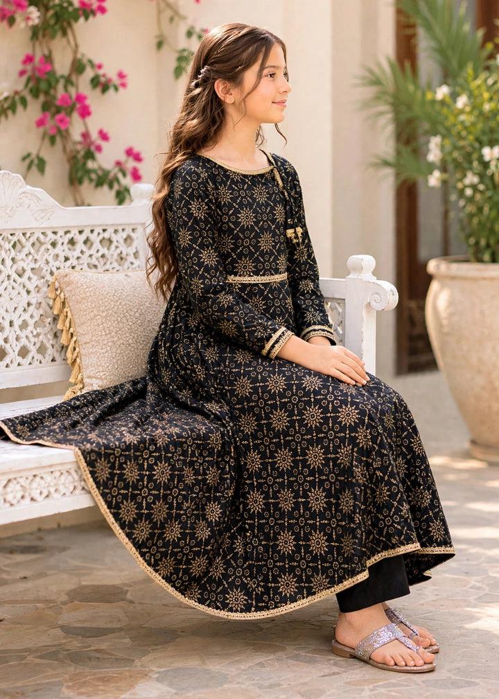 Modest - Cotton Printed Frock For Girl - Black - 3 Piece