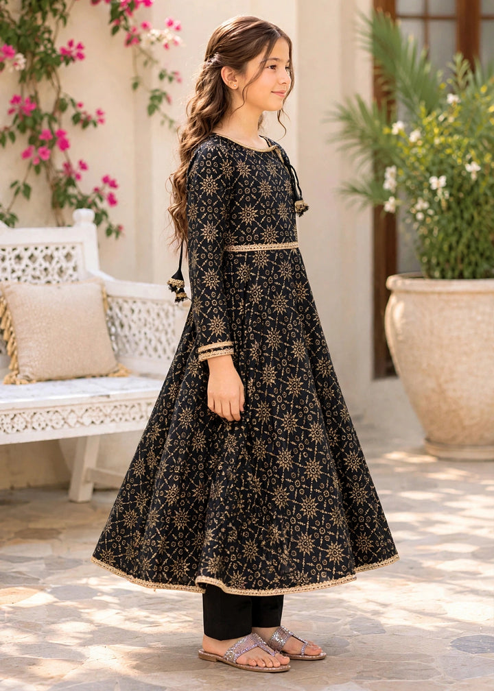 Modest - Cotton Printed Frock For Girl - Black - 3 Piece