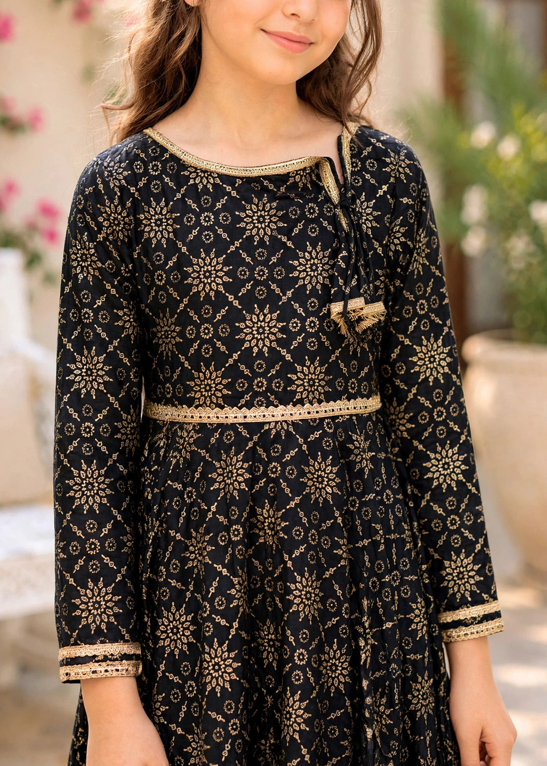 Modest - Cotton Printed Frock For Girl - Black - 3 Piece