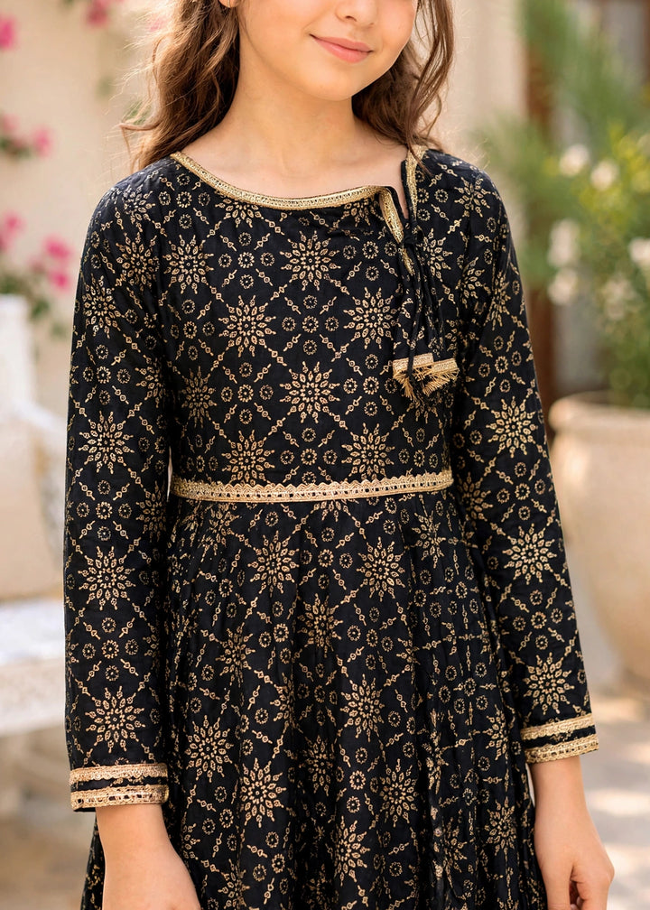 Modest - Cotton Printed Frock For Girl - Black - 3 Piece