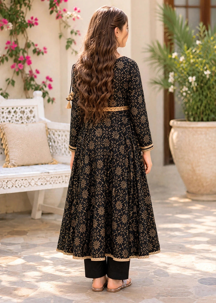 Modest - Cotton Printed Frock For Girl - Black - 3 Piece
