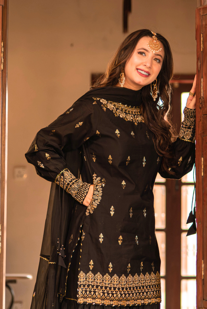 Omal by Komal - Nishat - Black - Jacquard & Chiffon - 3 Piece