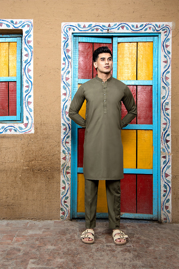Arif Ashraf - Army Green Kurta Trouser - 2 Piece
