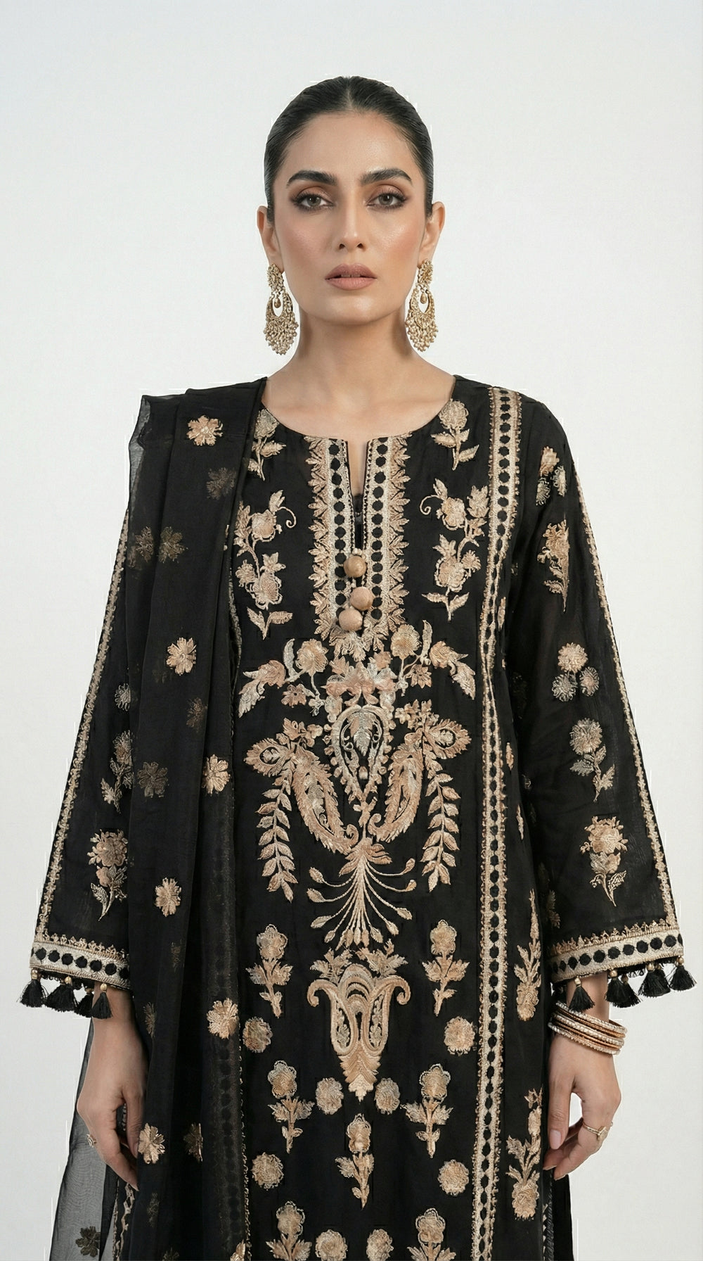 Reema Ahsan - Nivah Khadi Silk Suit For Women - Black and Skin - 3 Piece - Studio by TCS