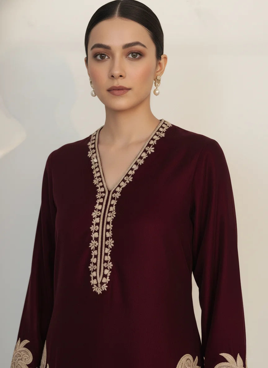 Shehrnaz - Solara Burgundy Velvet Suit For Women - 2 Piece