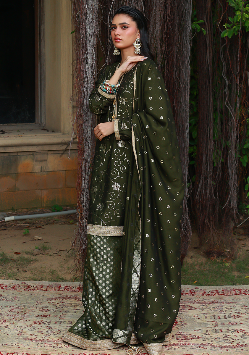 Huma Adnan - Iqra - Jamawar - Olive - 3 Piece