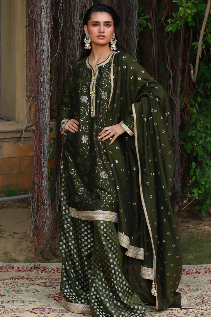 Huma Adnan - Iqra - Jamawar - Olive - 3 Piece