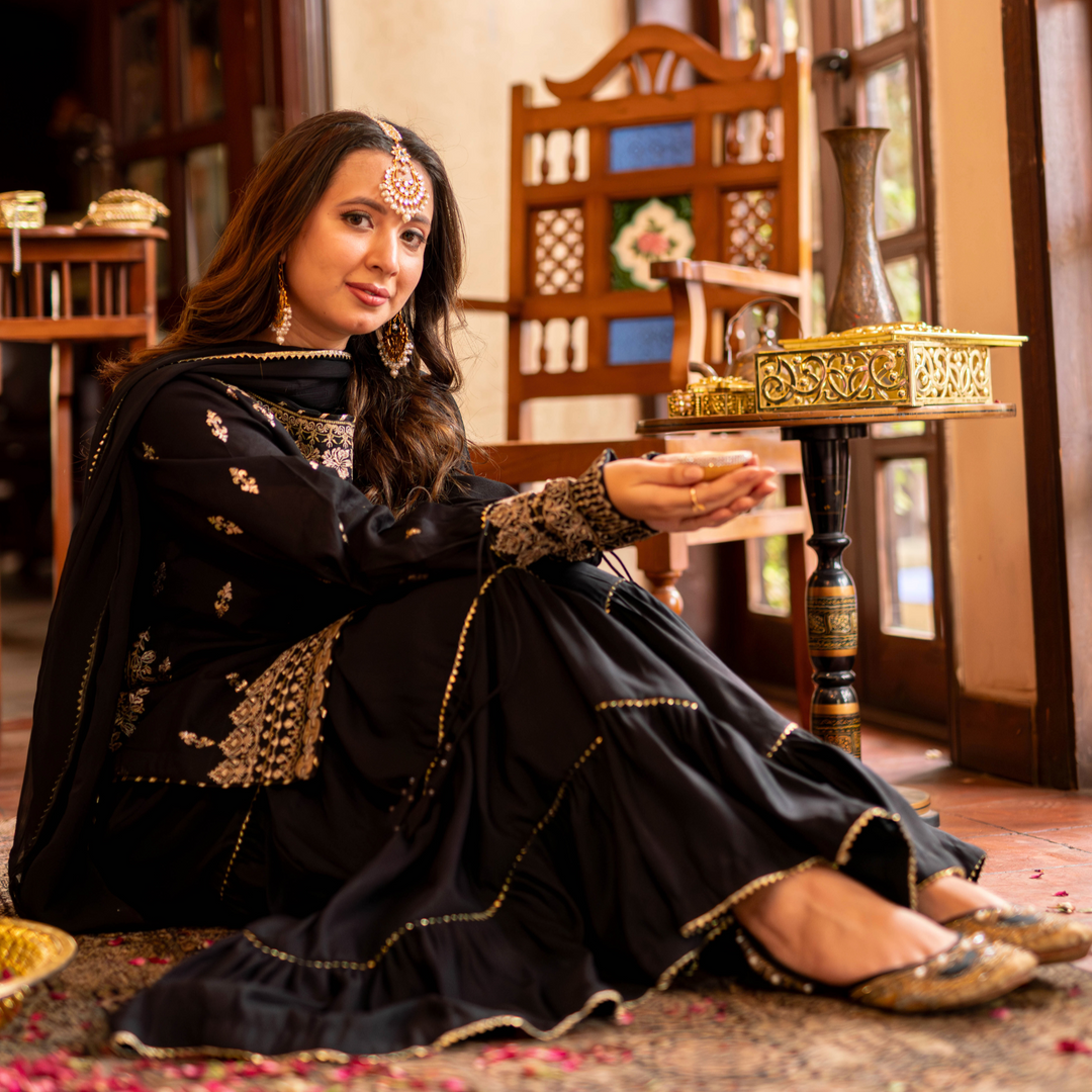 Omal by Komal - Nishat - Black - Jacquard & Chiffon - 3 Piece