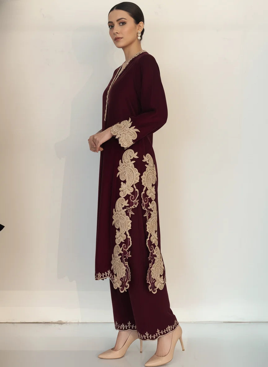 Shehrnaz - Solara Burgundy Velvet Suit For Women - 2 Piece