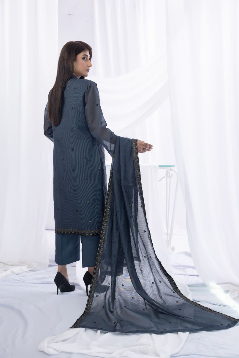 Sadia Aamir - Zahra - Charcoal - Khaddi Net - 3 Piece
