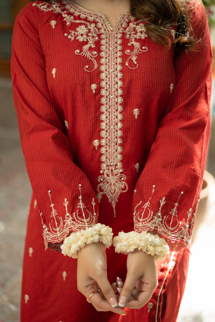 Omal by Komal - RONAQ (Shirt & Dupatta) - Red - Cotton & Maysuri - 2 Piece