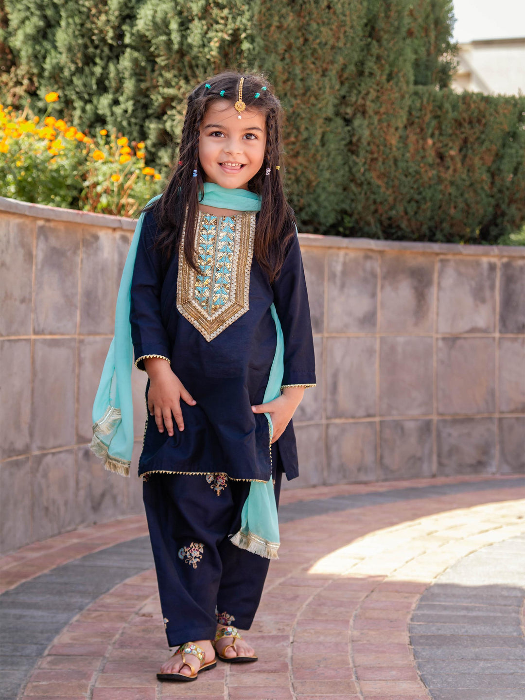 Kidoz Kloset - Stary Night Embroidered Block Print Shalwar Kameez Set For Girl