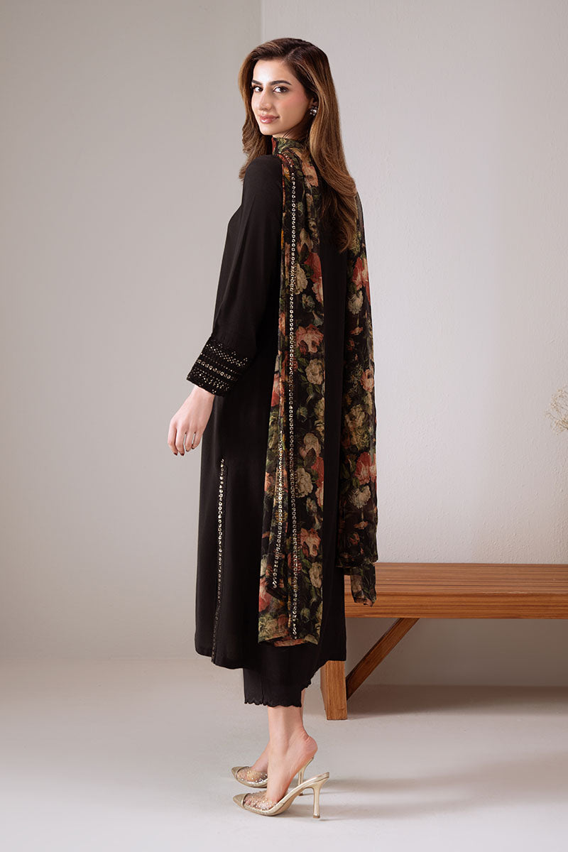 Cross Stitch - Dark Elegance Silk Suit For Women - Black - 2 Piece